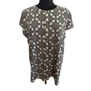 Dana Buchman XL Black & White Floral Print Short Sleeve Button-Down Blouse